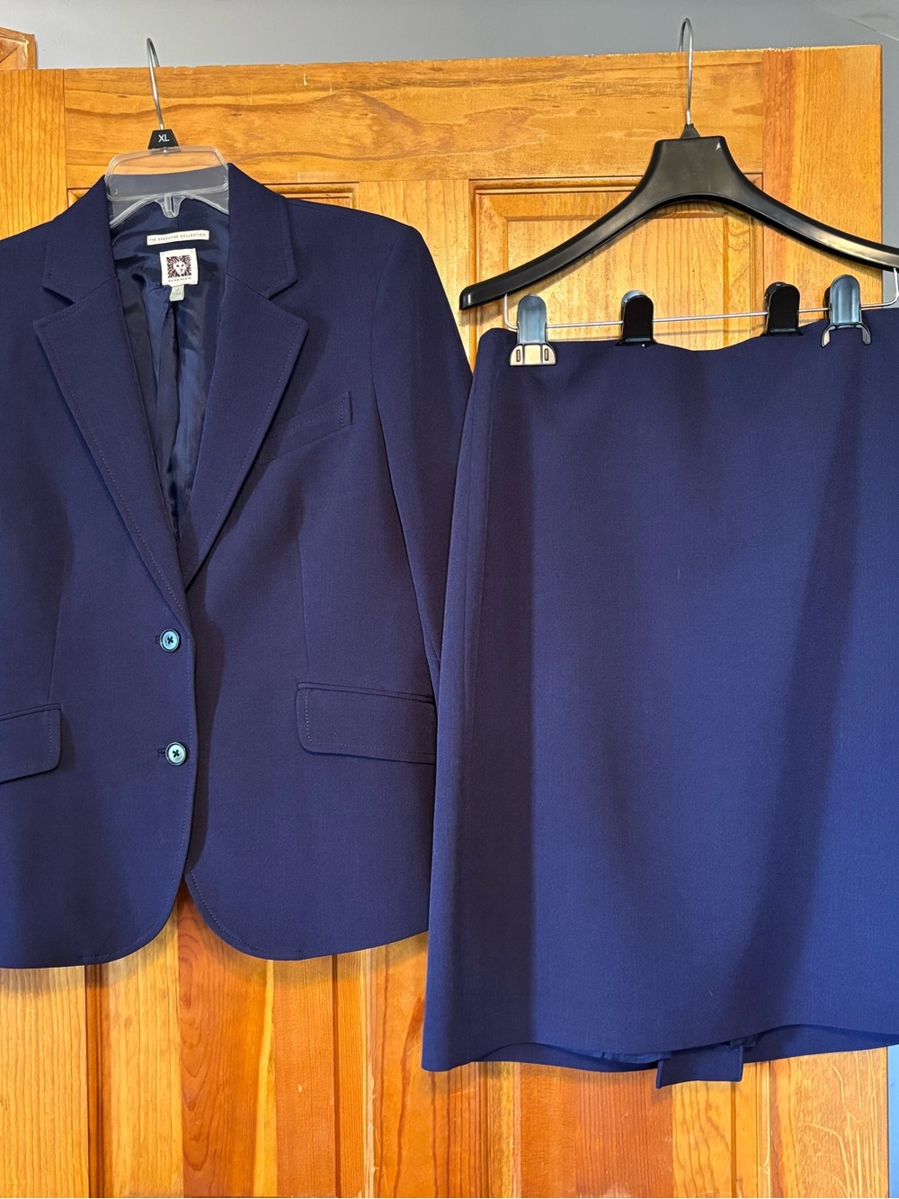 Anne Klein Navy Two-Piece Skirt Suit with Notch Lapel Blazer